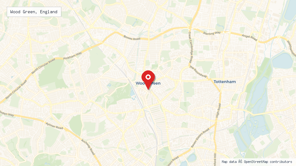 Street map of Wood Green, England with location pin