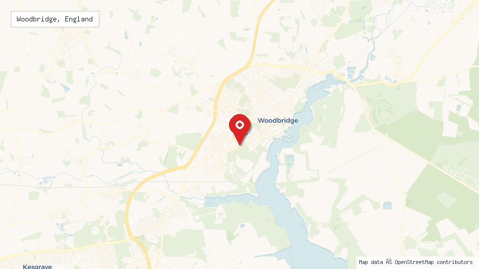 Street map of Woodbridge, England with location pin