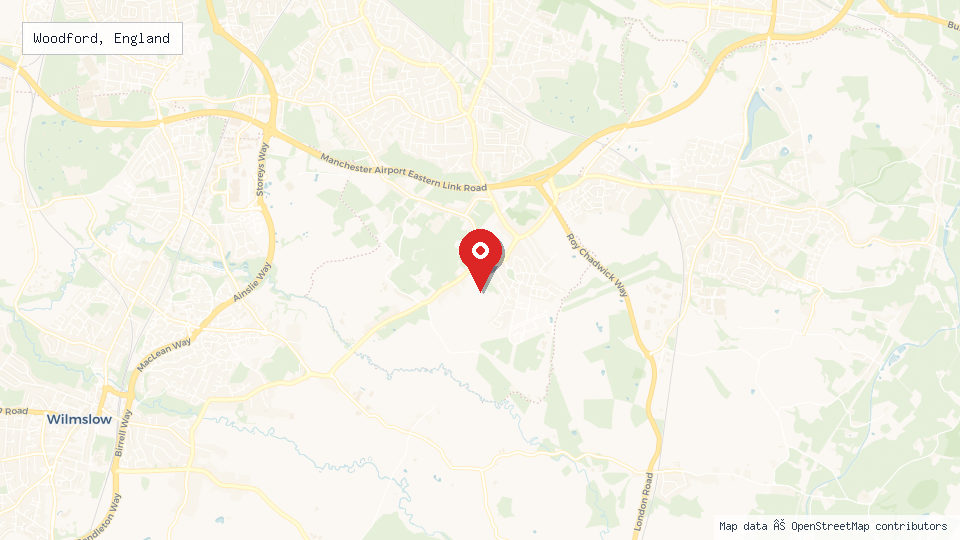 Street map of Woodford, England with location pin