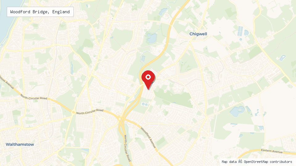 Street map of Woodford Bridge, England with location pin