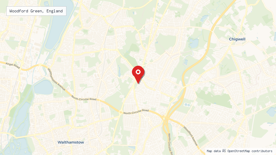 Street map of Woodford Green, England with location pin