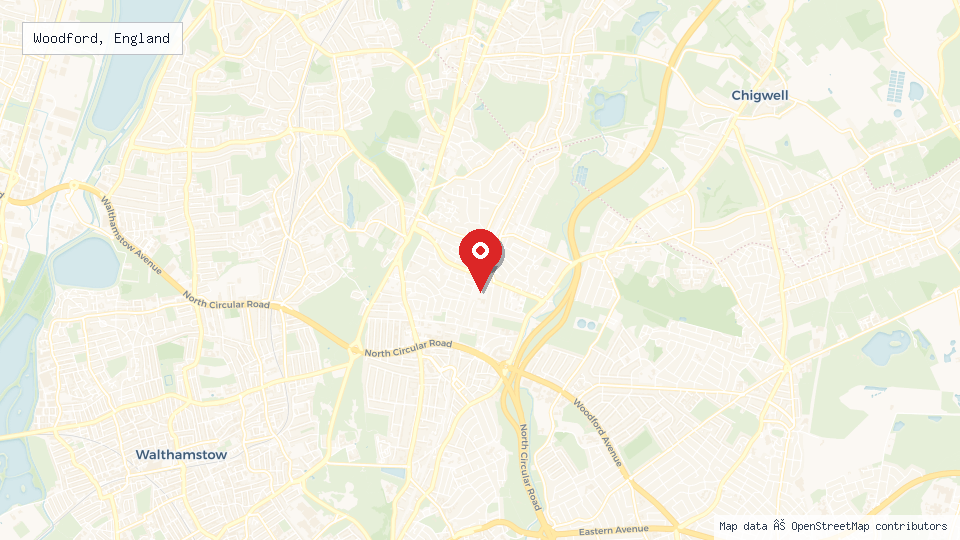 Street map of Woodford, England with location pin