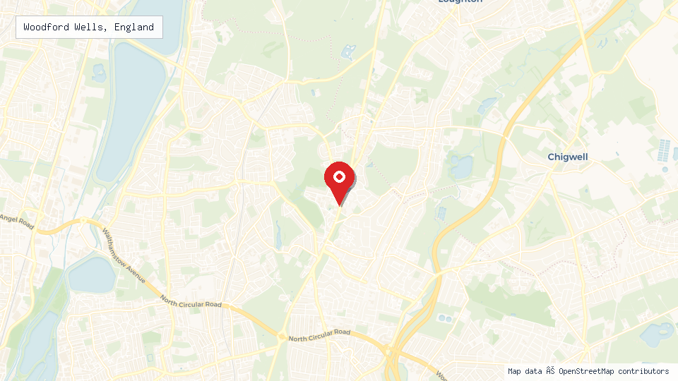 Street map of Woodford Wells, England with location pin
