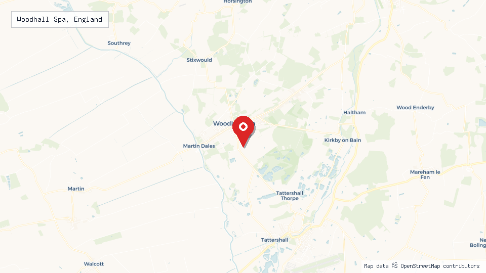 Street map of Woodhall Spa, England with location pin