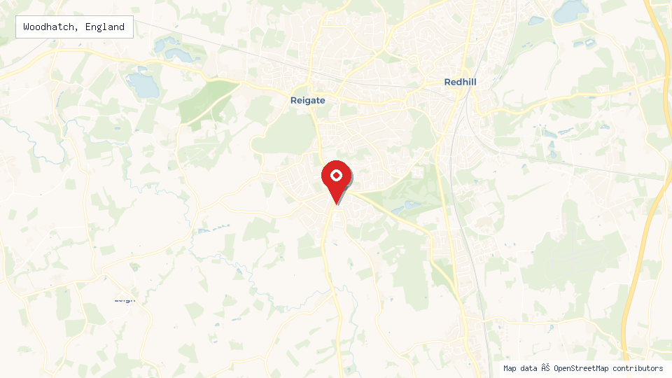 Street map of Woodhatch, England with location pin