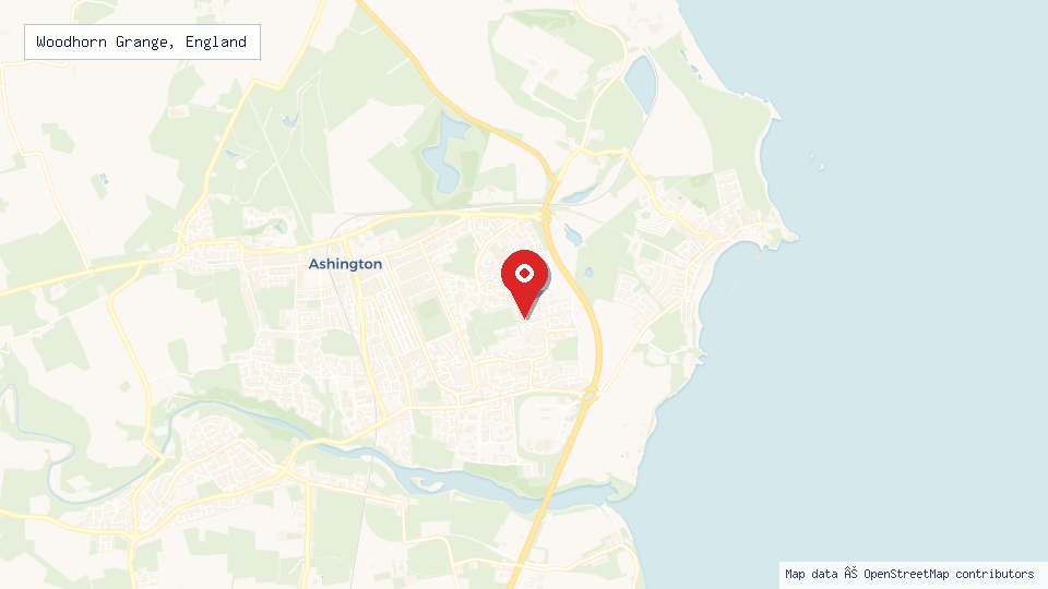 Street map of Woodhorn Grange, England with location pin