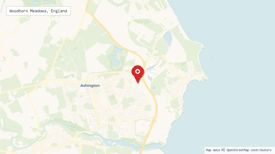 Street map of Woodhorn Meadows, England with location pin
