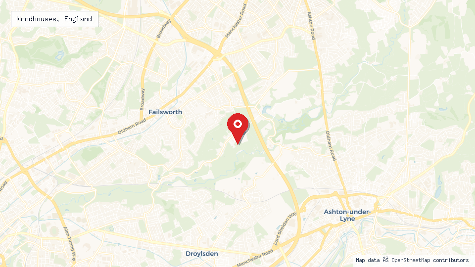Street map of Woodhouses, England with location pin