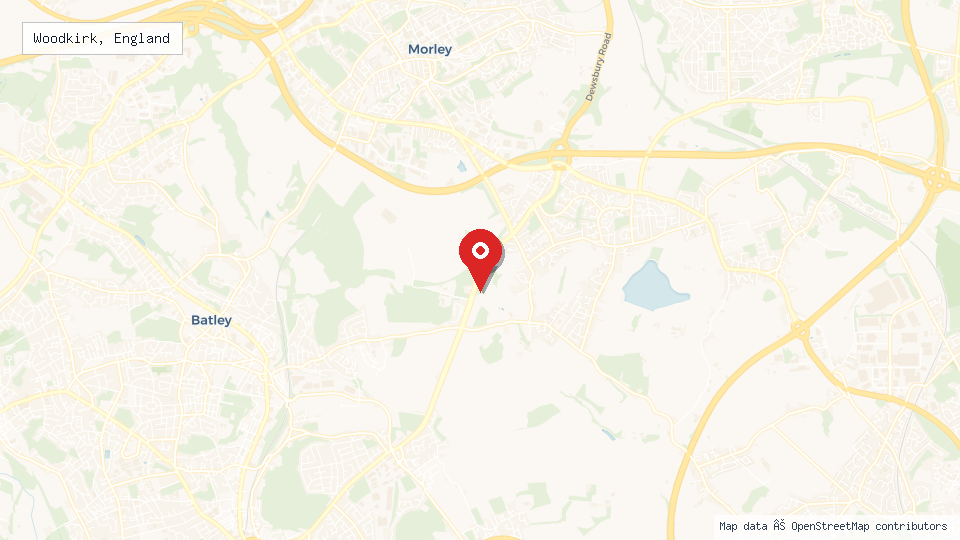 Street map of Woodkirk, England with location pin