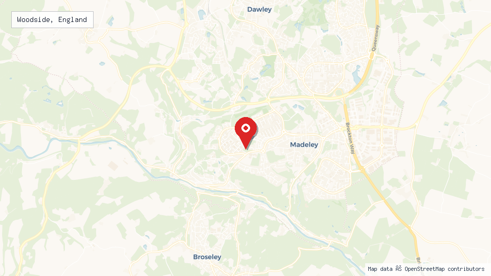 Street map of Woodside, England with location pin
