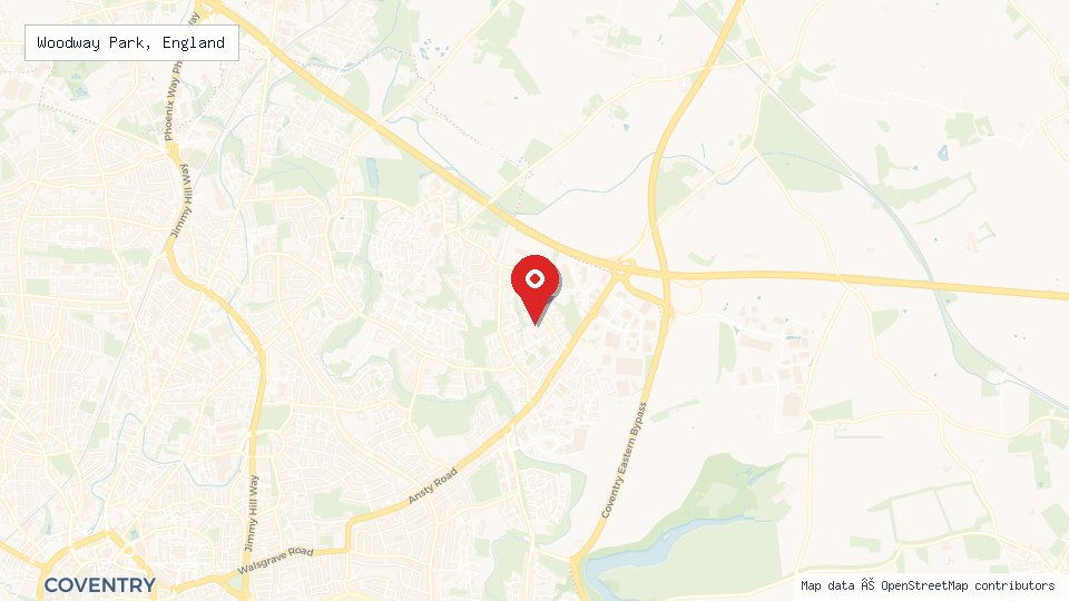 Street map of Woodway Park, England with location pin