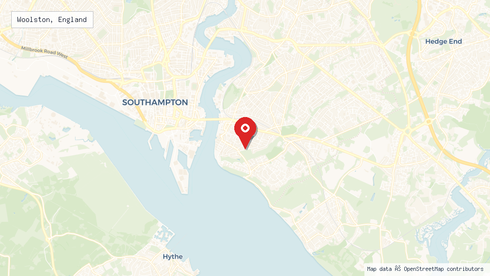 Street map of Woolston, England with location pin