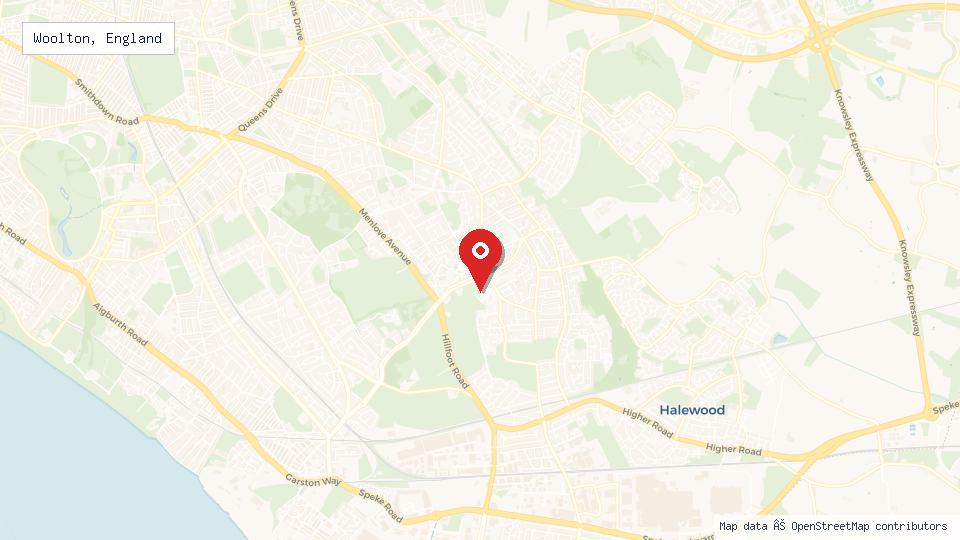 Street map of Woolton, England with location pin