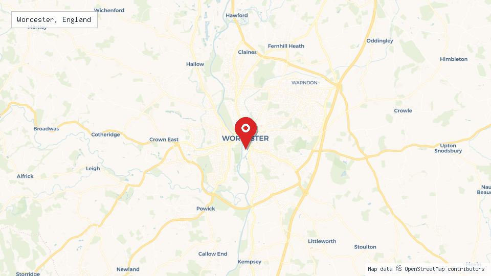 Street map of Worcester, England with location pin