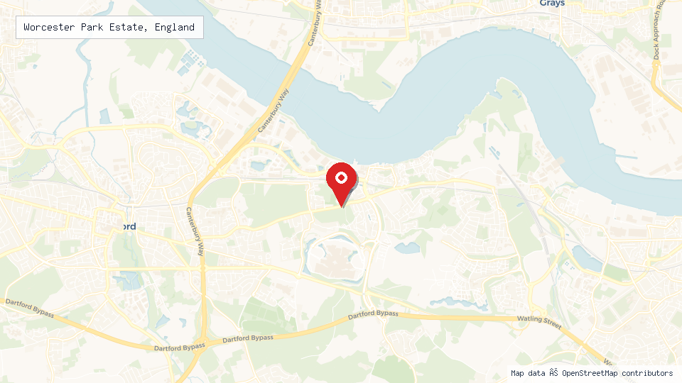 Street map of Worcester Park Estate, England with location pin