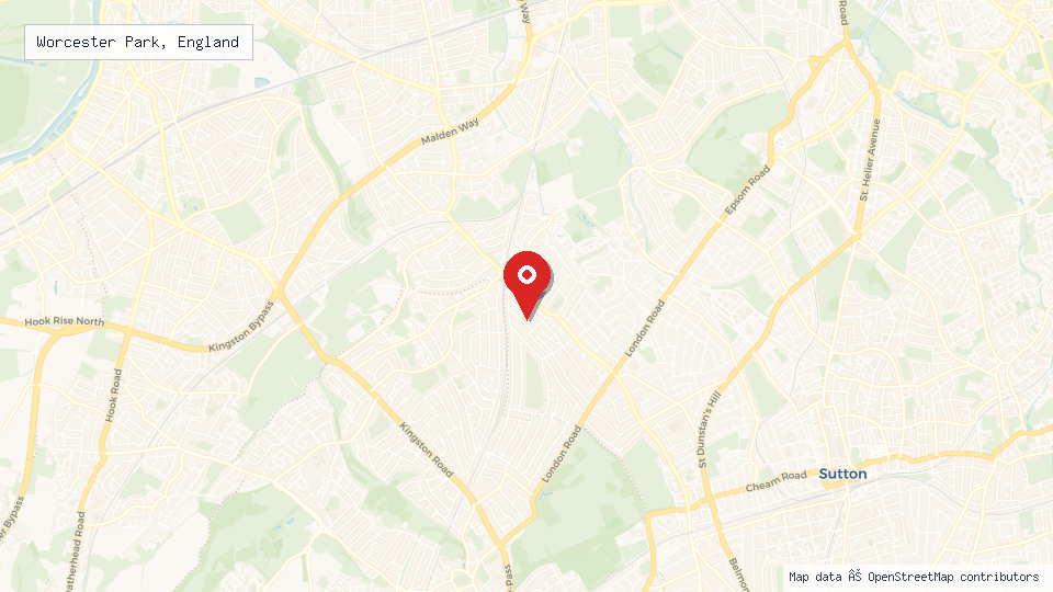 Street map of Worcester Park, England with location pin