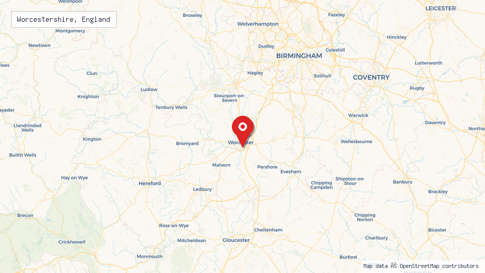 Street map of Worcestershire, England with location pin