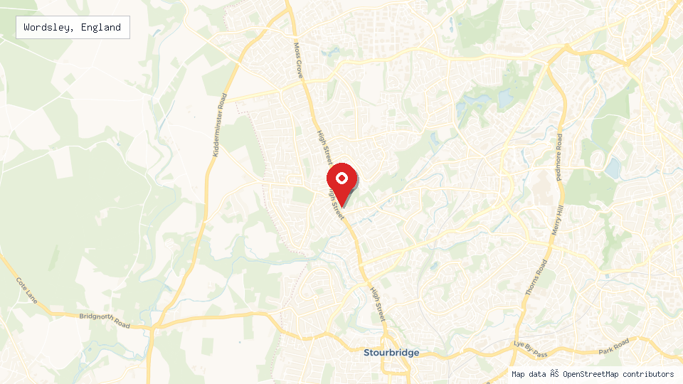 Street map of Wordsley, England with location pin
