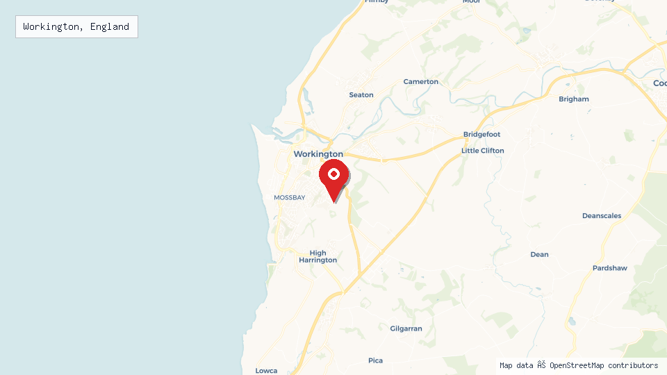 Street map of Workington, England with location pin