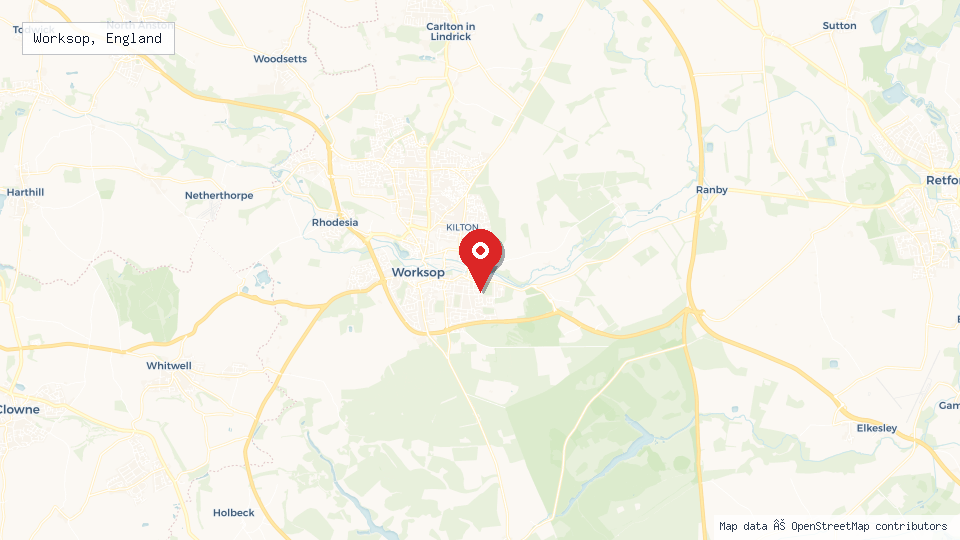 Street map of Worksop, England with location pin