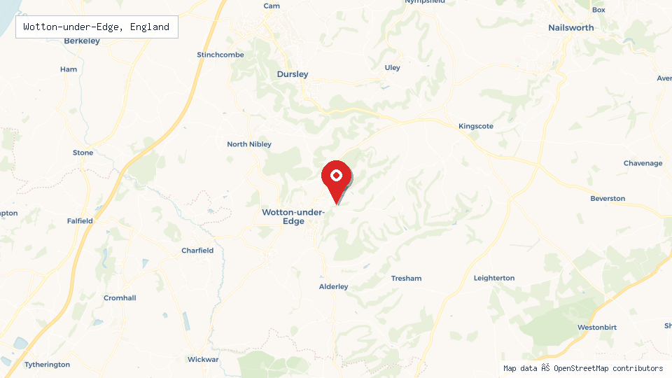 Street map of Wotton-under-Edge, England with location pin