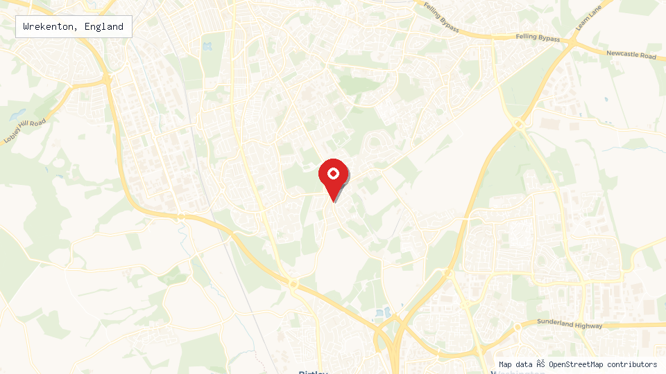 Street map of Wrekenton, England with location pin