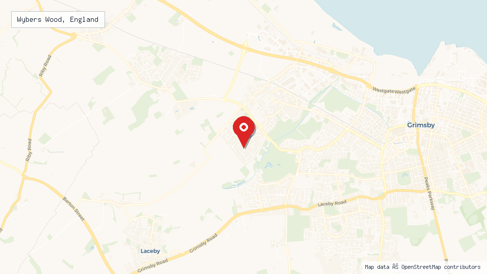 Street map of Wybers Wood, England with location pin