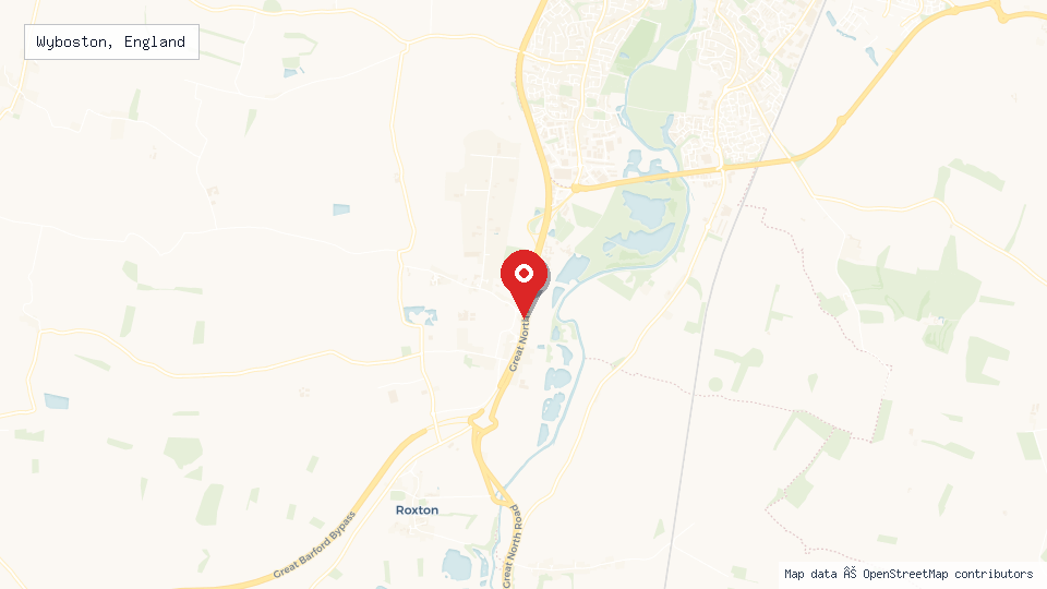 Street map of Wyboston, England with location pin