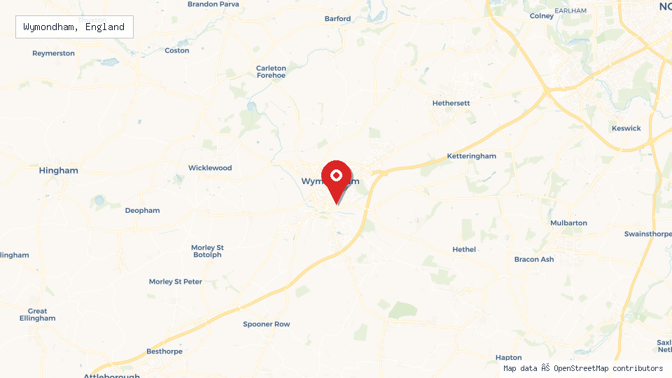 Street map of Wymondham, England with location pin