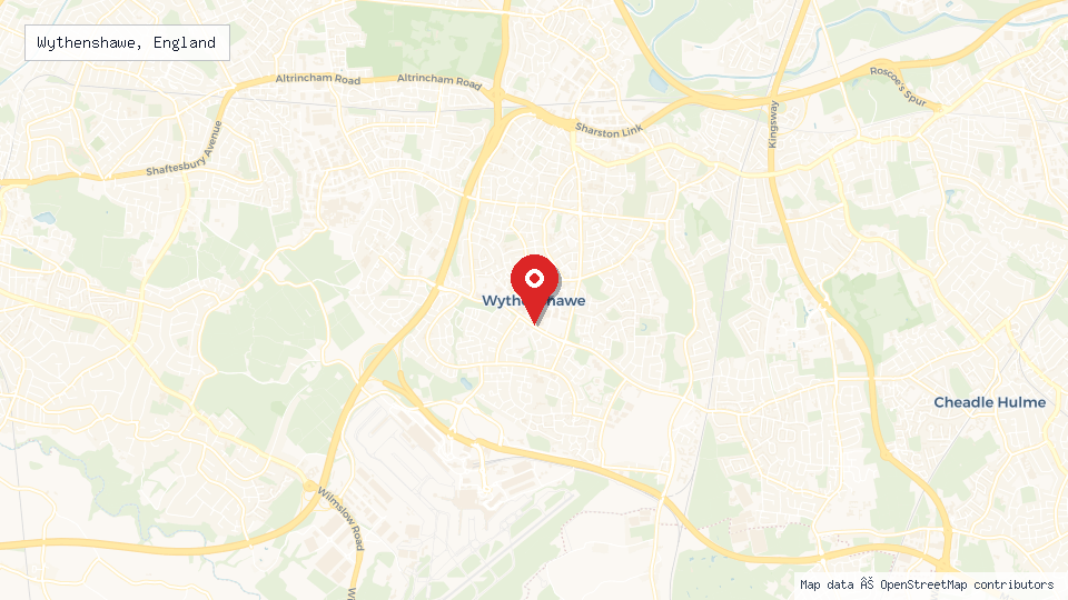 Street map of Wythenshawe, England with location pin