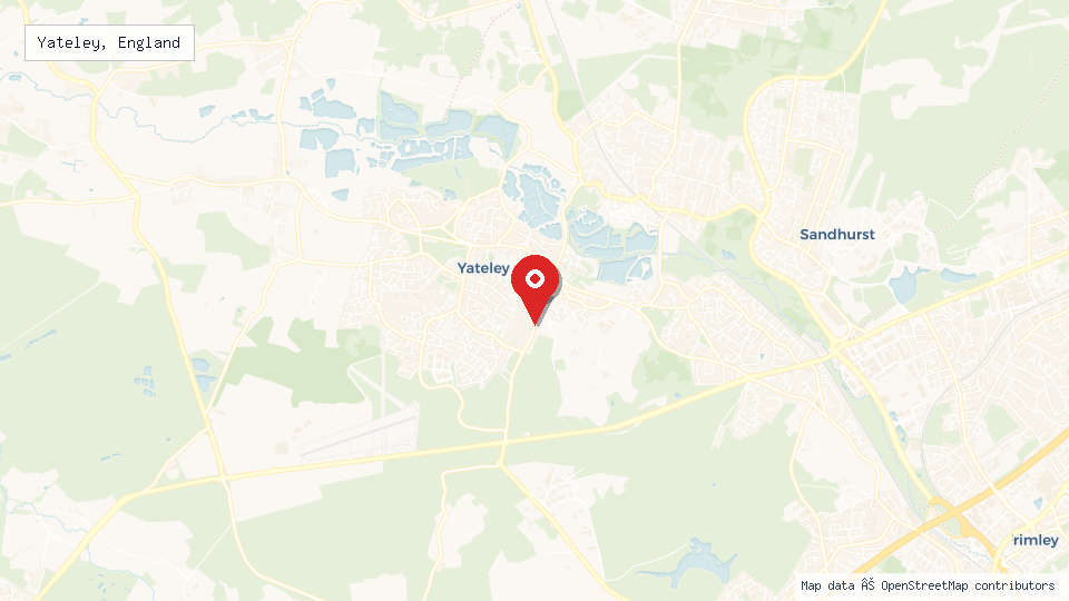 Street map of Yateley, England with location pin