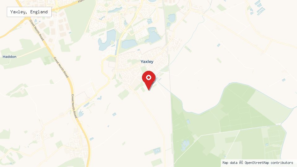 Street map of Yaxley, England with location pin