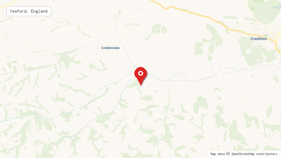 Street map of Yeoford, England with location pin