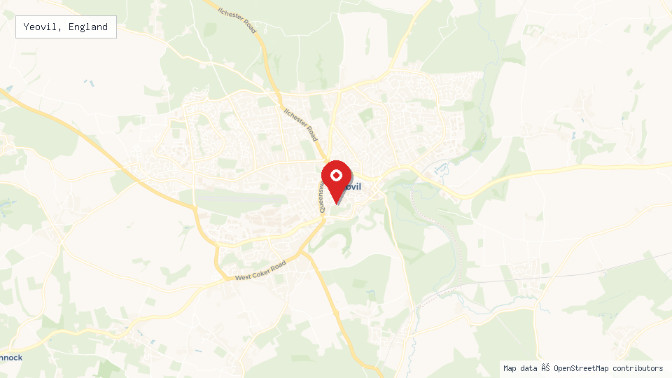 Street map of Yeovil, England with location pin