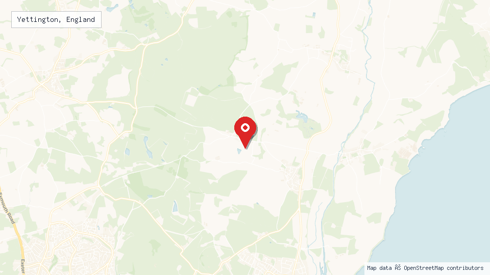 Street map of Yettington, England with location pin