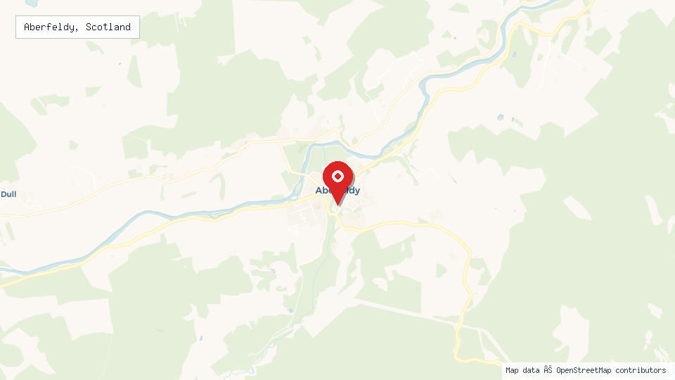 Street map of Aberfeldy, Scotland with location pin