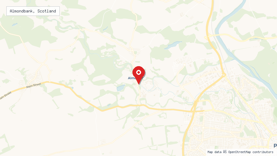 Street map of Almondbank, Scotland with location pin