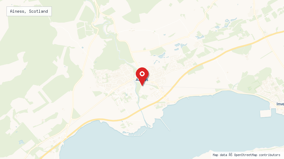 Street map of Alness, Scotland with location pin