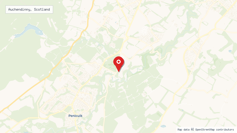 Street map of Auchendinny, Scotland with location pin