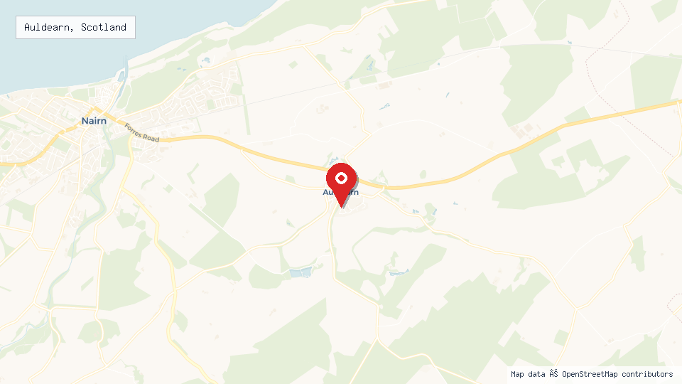 Street map of Auldearn, Scotland with location pin