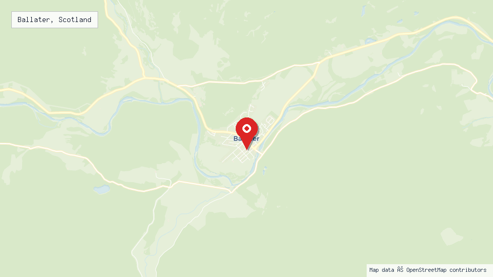 Street map of Ballater, Scotland with location pin