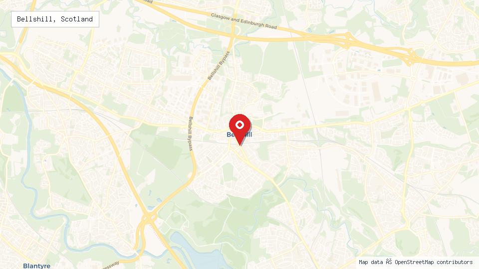 Street map of Bellshill, Scotland with location pin