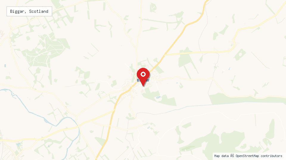 Street map of Biggar, Scotland with location pin