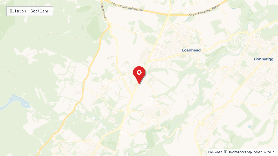 Street map of Bilston, Scotland with location pin