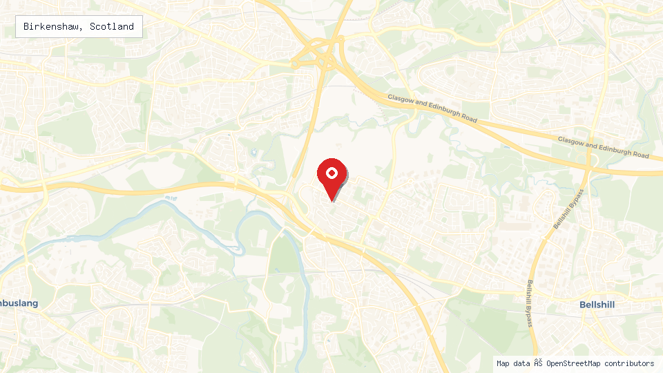 Street map of Birkenshaw, Scotland with location pin