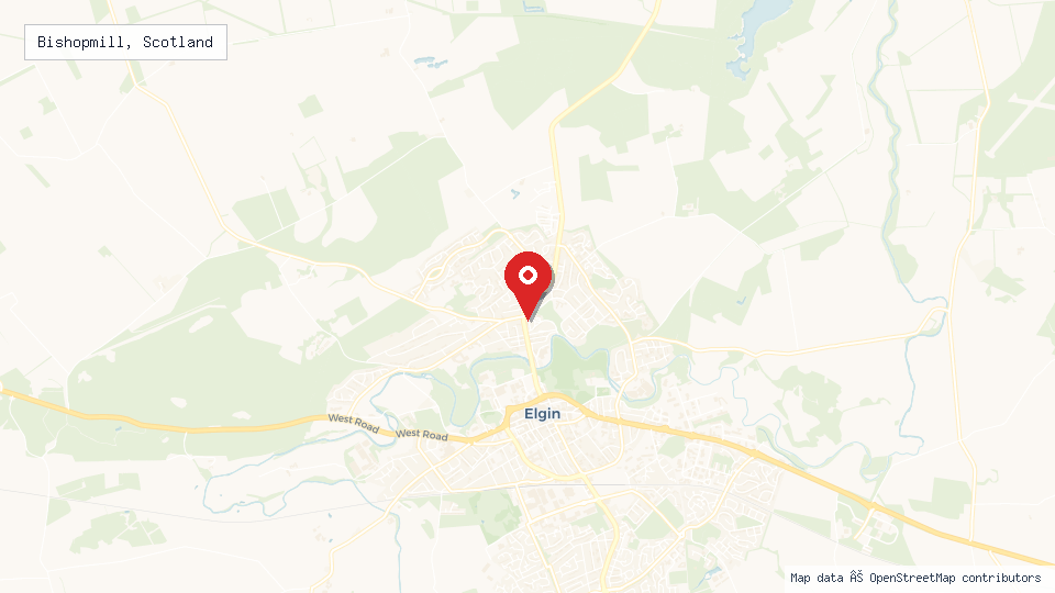 Street map of Bishopmill, Scotland with location pin