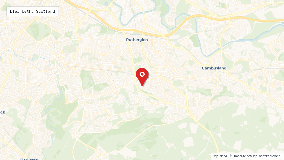 Street map of Blairbeth, Scotland with location pin