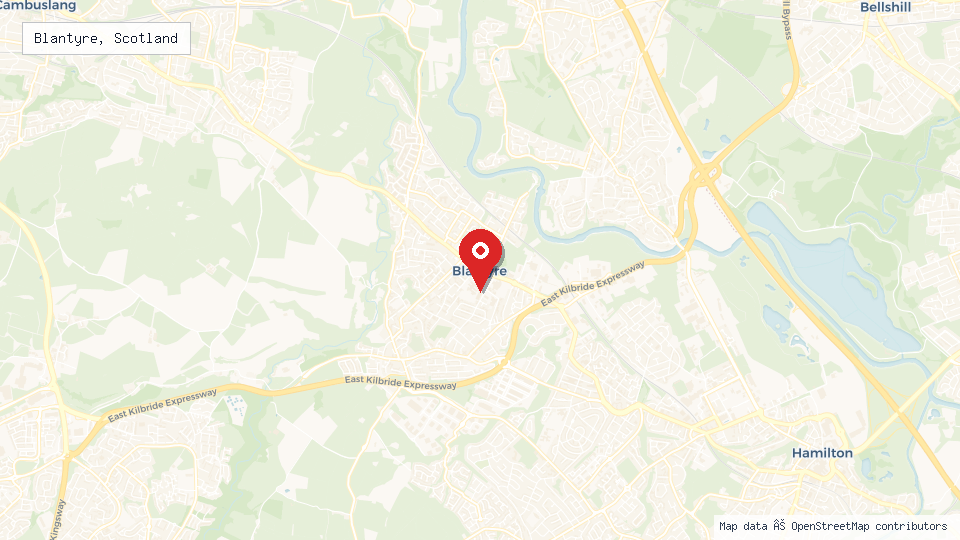 Street map of Blantyre, Scotland with location pin