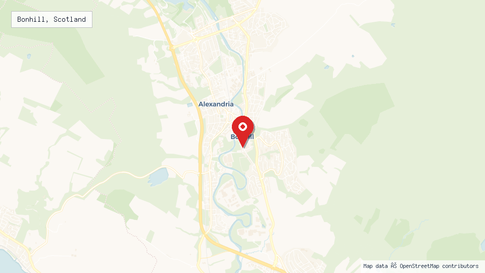 Street map of Bonhill, Scotland with location pin
