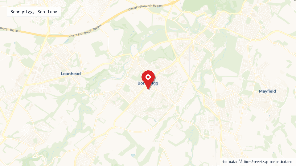 Street map of Bonnyrigg, Scotland with location pin